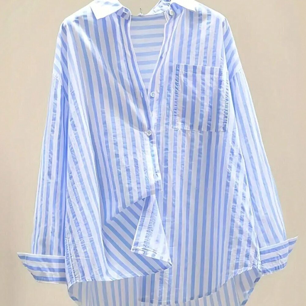 Blue Casual Women's Striped Print Long Sleeve Chest Pocket Shirt